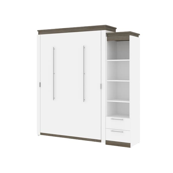 Orion Queen Murphy Bed and Narrow Shelving Unit with Drawers (85W), White & Walnut Grey